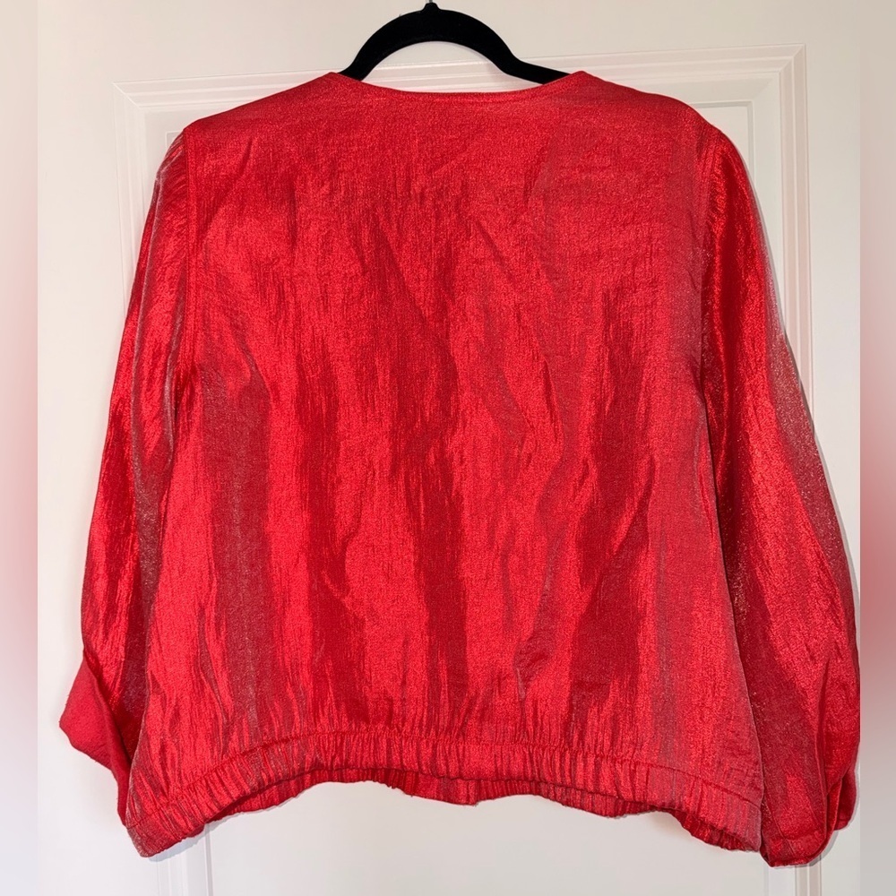 Ruby Rd. Vibrant Red Crinkle Cropped Shirt Jacket with Silver Accent Buttons - Picture 4 of 6